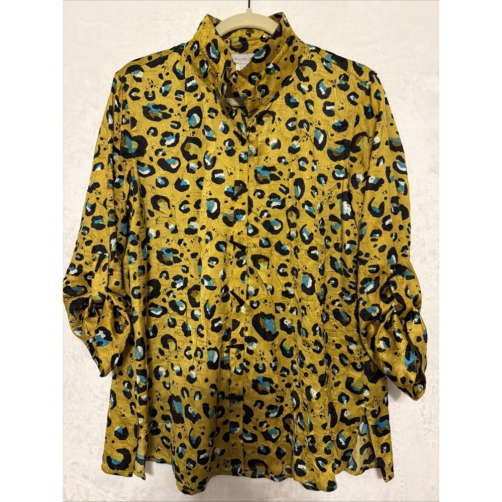 Multiples‎ Top Medium Gold Multicolor Boho Artsy Funky Buttons Blouse